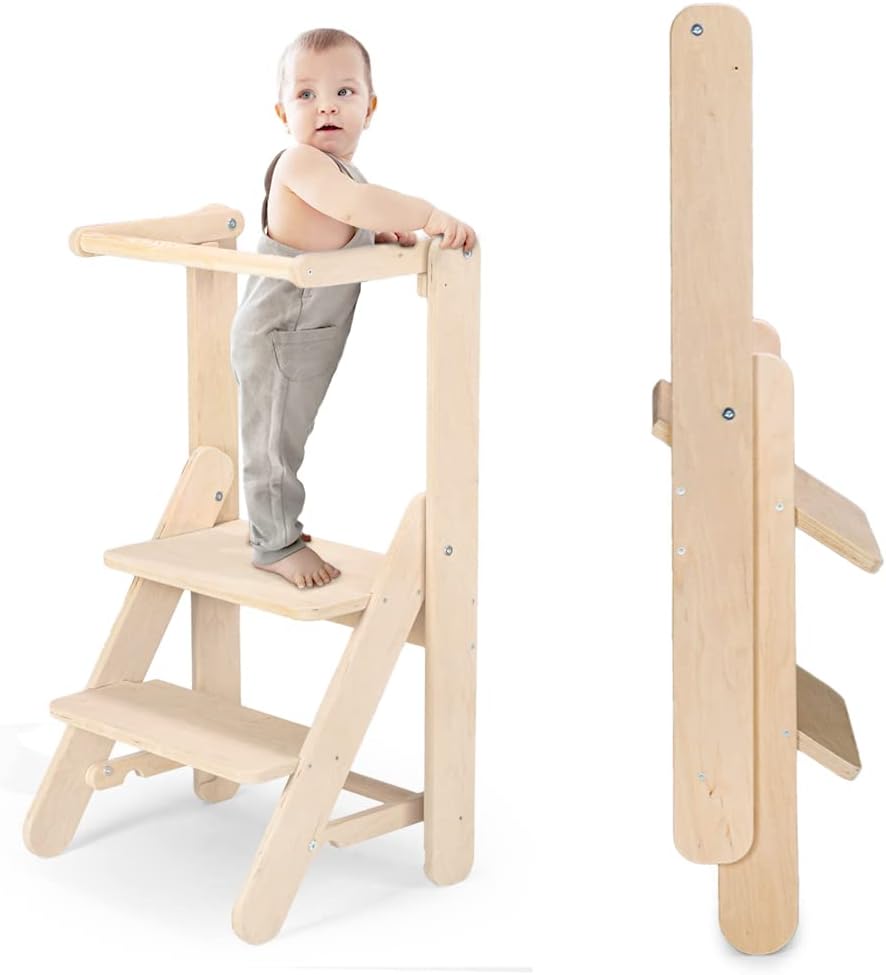 MINIWOOD Torre de Aprendizaje Plegable Montessori de Madera Natural  evolutiva Ajustable a 3 Alturas y Barra de Seguridad : .es: Bebé